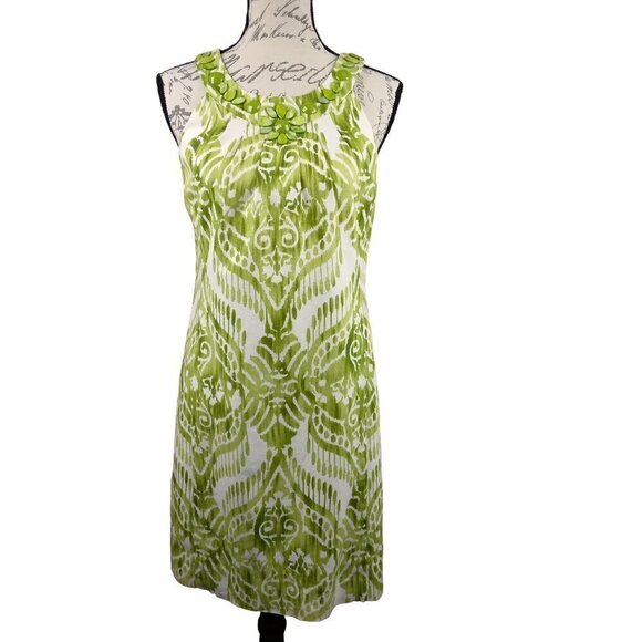 Jessica Howard |  Lime Green Patterned Linen Sheath Dress Embellished | Size 10P - Picture 1 of 9